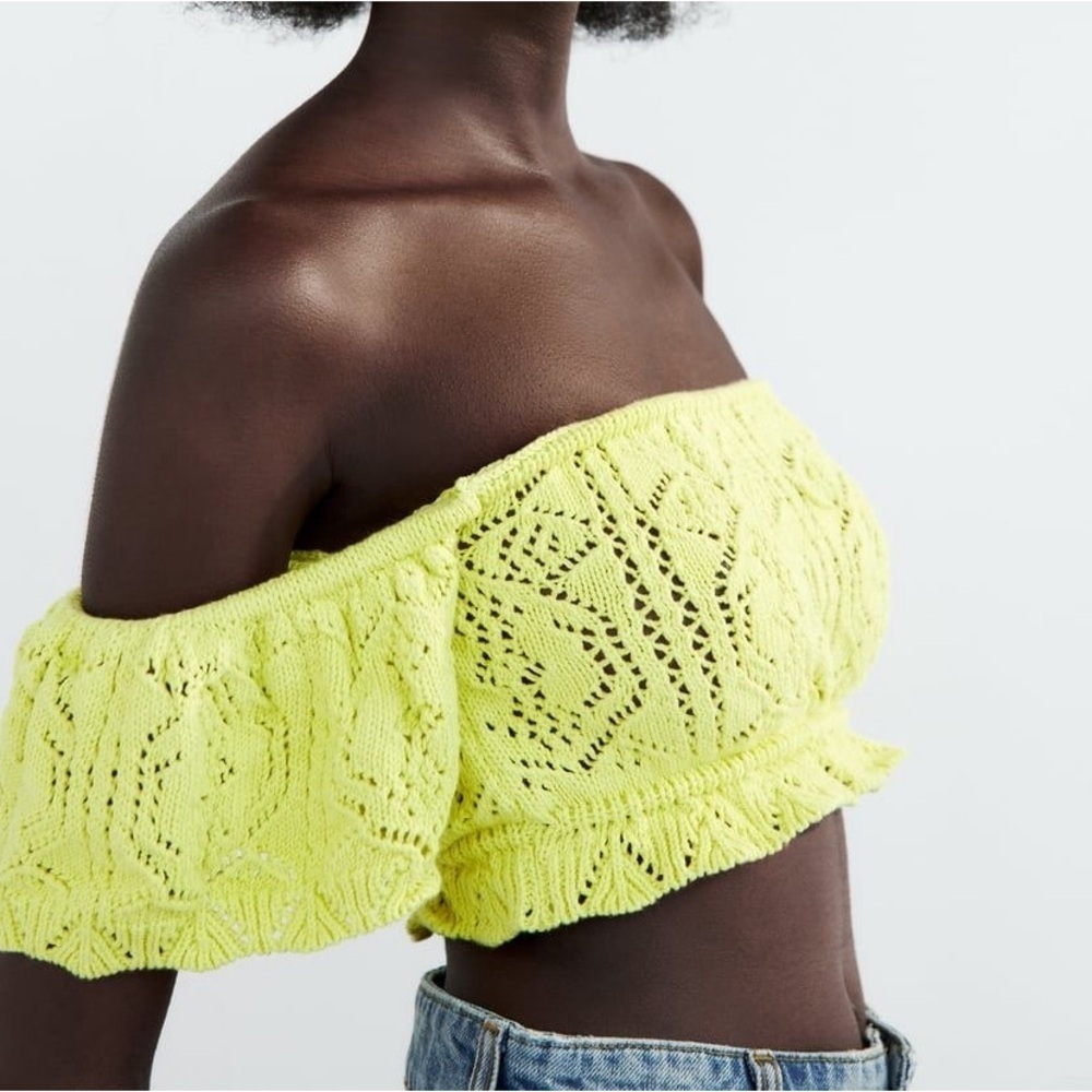 Zara Lemon Crochet Knit Short Balloon Sleeve Summer Crop Top Size Medium